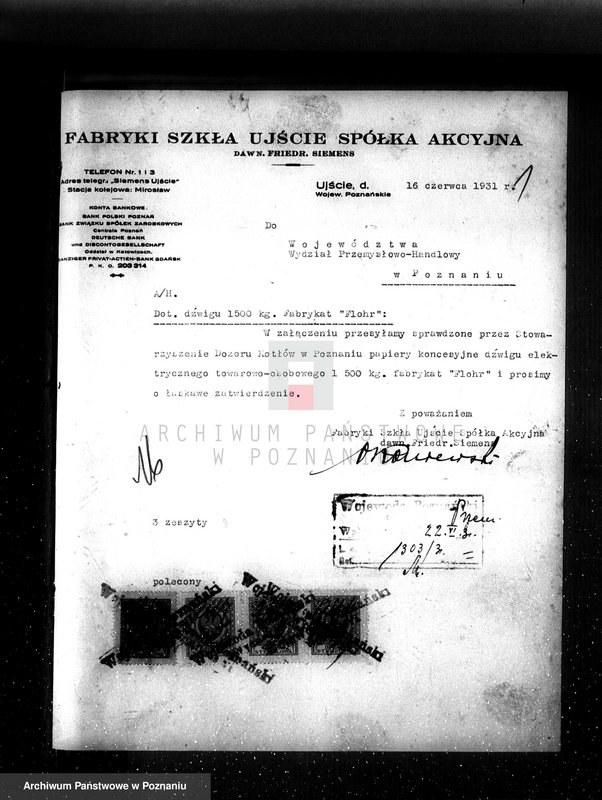 Obraz 5 z jednostki "Zatwierdzenie projektu zakładu przemysłowego i urządzenia dźwigu towarowo - osobowego w Fabryce Szkła Ujście pow. chodzieski"