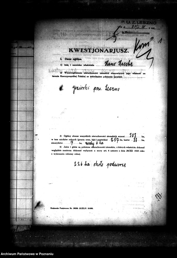 Obraz 6 z jednostki "Majątek Jeziorki powiatu leszczyńskiego wyłączenie z art. 4/5 ustawy o reformie rolnej Hans Hasche ."