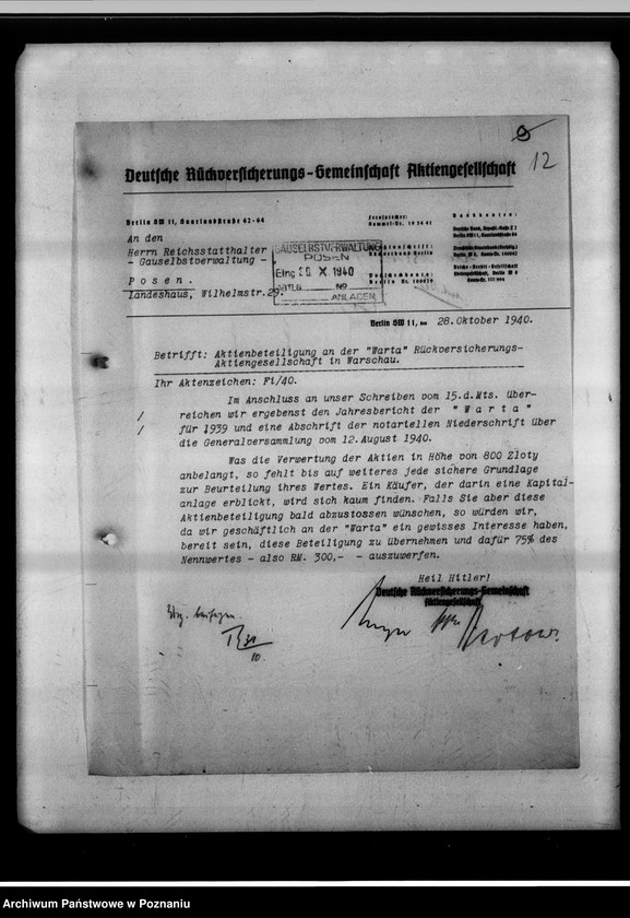 Obraz 16 z jednostki "Beteiligung an der "Warta" - Rückversicherung A.G."