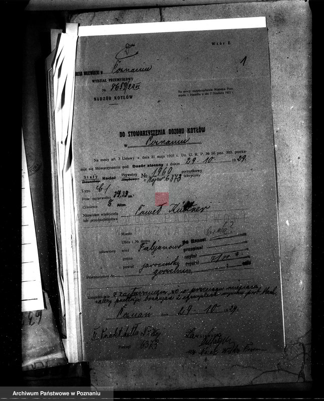 Obraz 5 z jednostki "Gorzelnia P. Kuettnera w Fabianowie pow. jarociński nr fabr. kotła 1960 nr woj. kotła 6273"