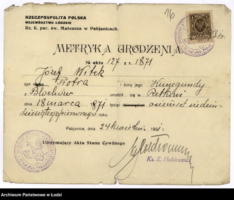image.from.unit.number "Dokumenty do rejestru mieszkańców Rudy Pabianickiej. Witaszczyk Jan - Wróblewska Marianna"