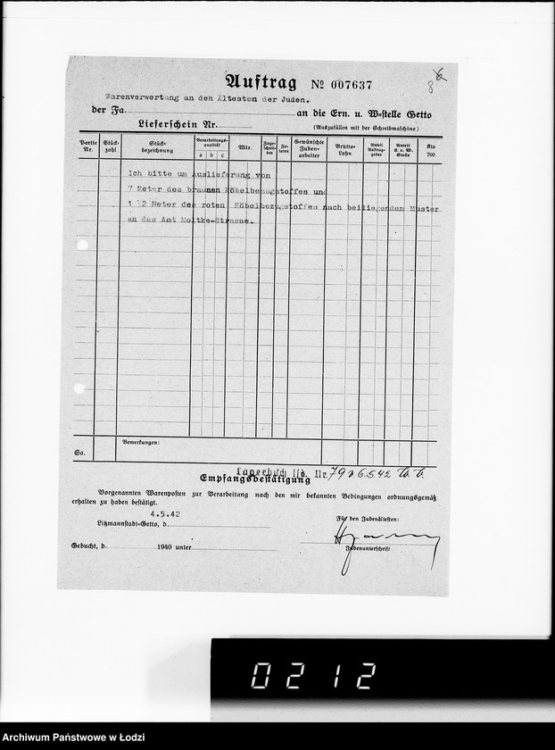 Obraz 12 z jednostki "Warenverwertung am Lager 99. [Aufträge] 7601-7640"