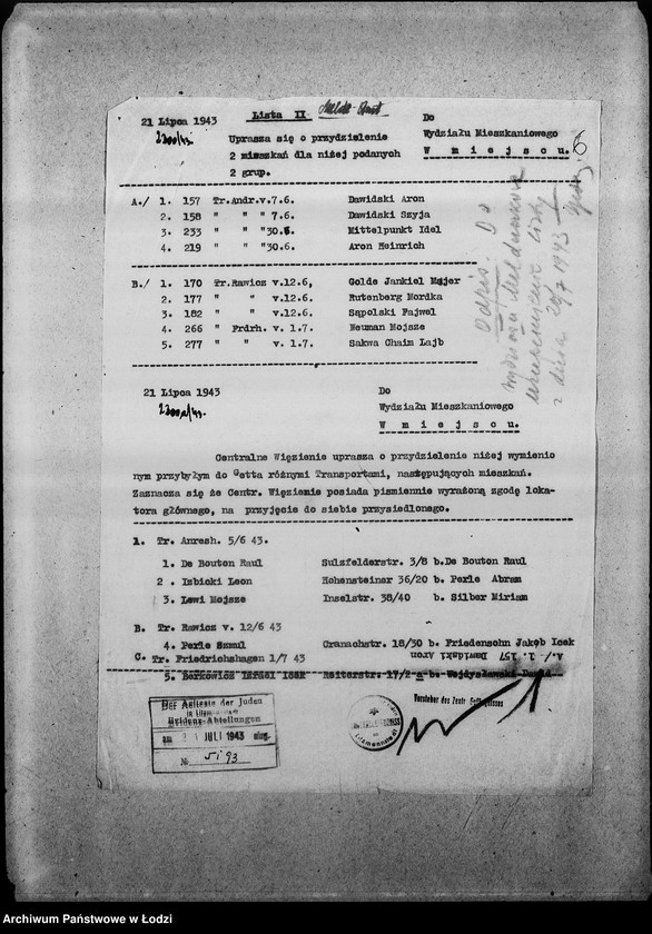 Obraz 9 z jednostki "[Pisma z Wydziału Prezydialnego, z Centralnego Więzienia i Wydziału Pracy zawiadamiające o przyjeżdżających i wyjeżdżających Żydach]"
