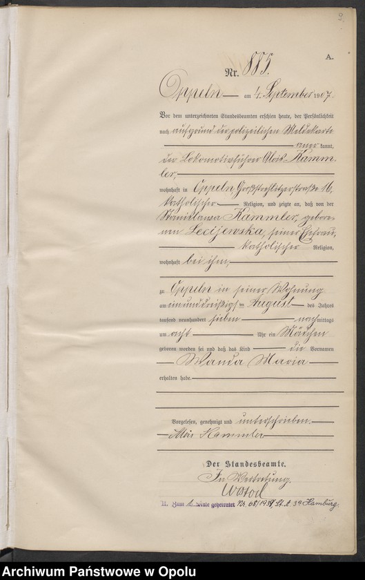 image.from.unit.number "Urząd Stanu Cywilnego w Opolu 1907 Rejestr Urodzeń miejscowa Nr 878 do 1277"