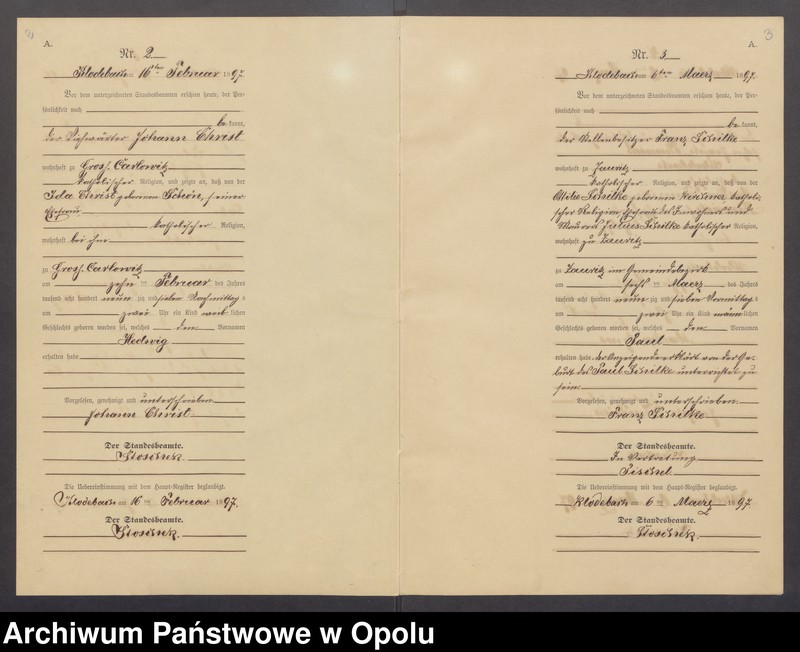Obraz z jednostki "Geburts-Neben-Register Standesamts Klodebach pro 1897"
