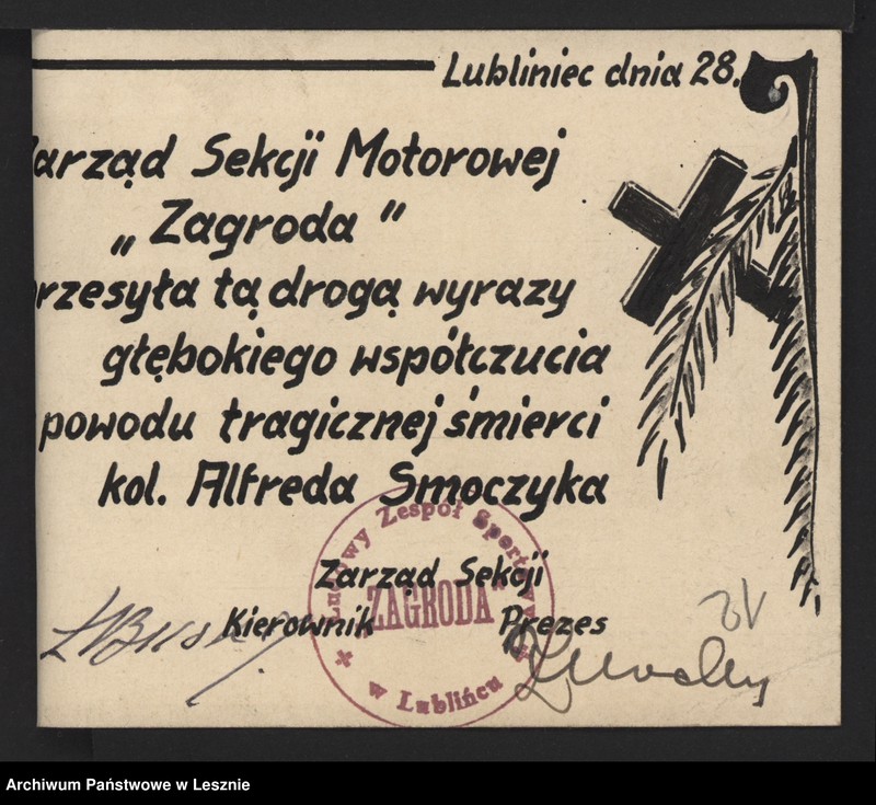 Obraz 13 z jednostki "[Nekrolog oraz telegramy nadesłane do Klubu po śmierci Alfreda Smoczyka]"