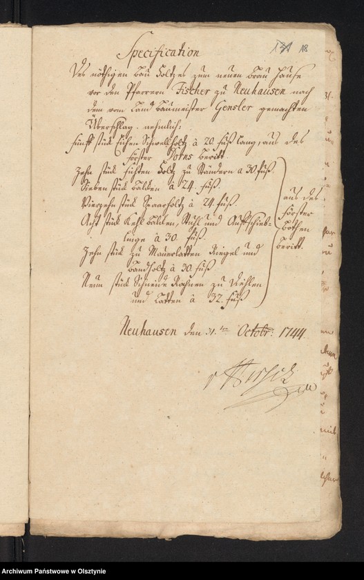 image.from.unit.number "In S. [Sachen] des Pfarrer Fischer zu Neuhausen [Romnowo]. Die Rohdung der Pfarr Wiesen und den Bau eines Brau=Hauses"