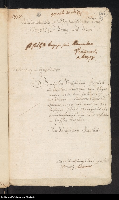 image.from.unit.number "In S. [Sache] der Pfandsbesitzern Johann v. [von] Pokrzywnicki und deßen Ehegathin Caroline Eleonore geboren von Zabienski wegen des zum alleinigen Eigenthum an sie abgetretenen Antheils F im adl. [adeliche] Allodial Gut Lomnau [Łomno] Haupt Amts Neidenburg [Nidzica] bestehend aus 1 Hube 11 Morgen 15 R. [Rute]"
