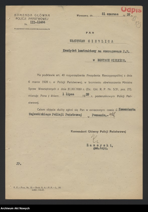 image.from.unit.number "Przydziały nowomianowanych posterunkowych Policji Państwowej w województwie poznańskim. Dekrety mianowania, wykaz, korespondencja."