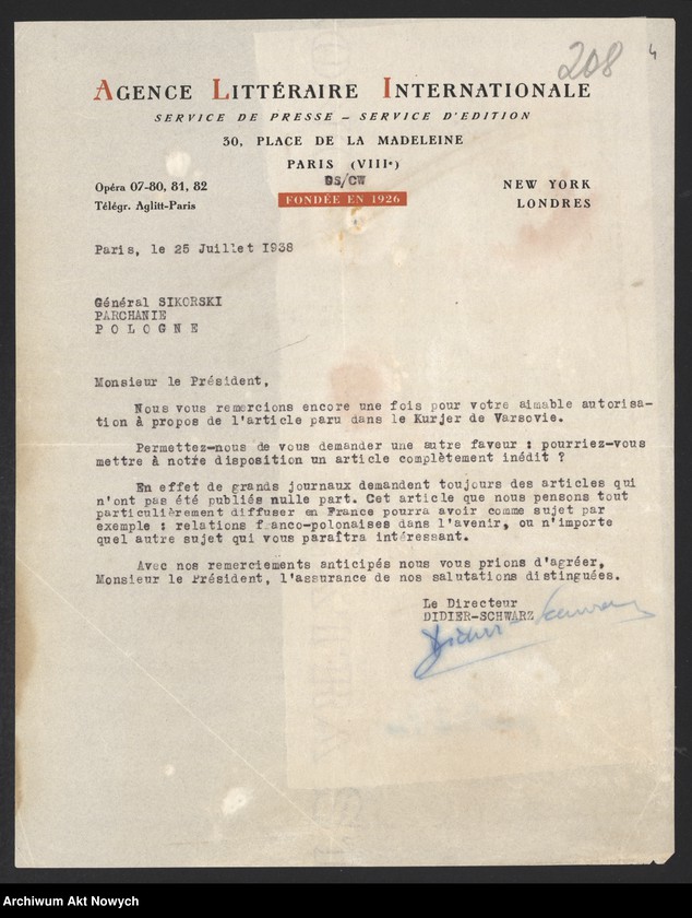 image.from.unit.number "Agence Littéraire Internationale - Paryż.  Przedruk artykułów Władysław Sikorskiego publikowanych w "Kurierze Warszawskim", m.in. o armii niemieckiej. Prośba o przygotowanie artykułu o stosunkach polsko-francuskich."