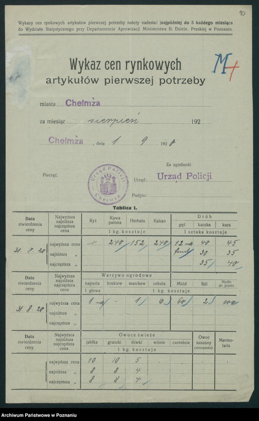 Obraz 11 z jednostki "[Wykaz cen rynkowych artykułów pierwszej potrzeby w poszczególnych miastach Województwa Pomorskiego za miesiąc sierpień 1920 roku]"