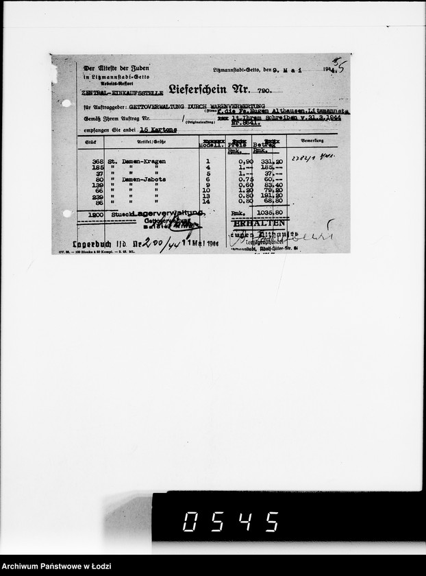 Obraz 9 z jednostki "Firma Eugen Althausen Litzmannstadt VIII [Zamówienia, rachunki, listy przesyłkowe]"