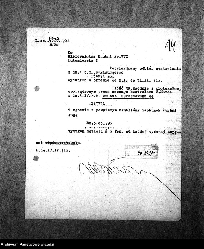 Obraz 17 z jednostki "[Kuchnia nr 370, ul. Lutomierska 2. Działalność kuchni, personel, konsumenci, kontrole]"