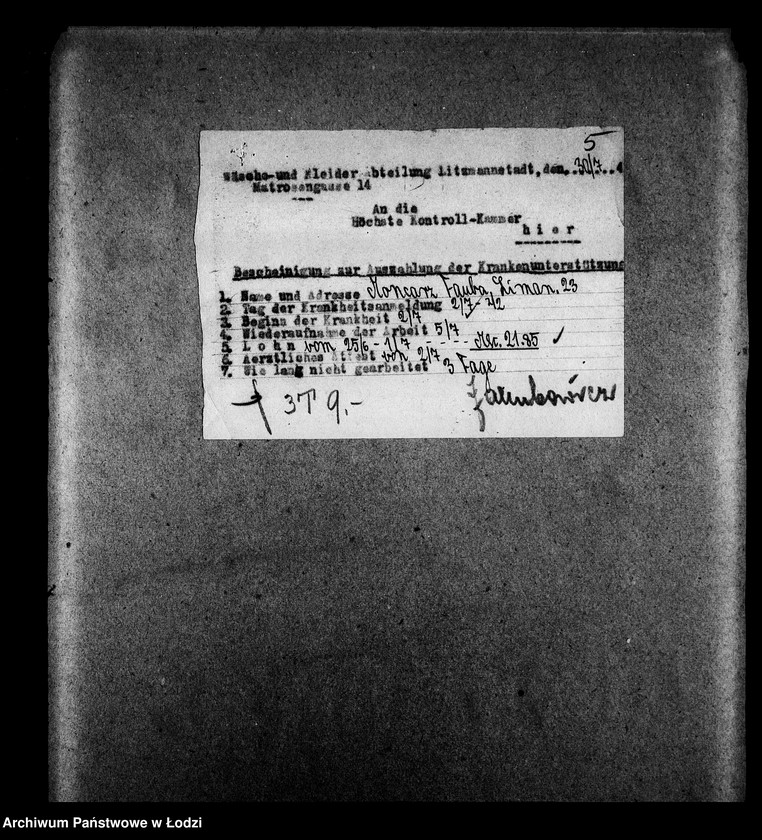 Obraz 8 z jednostki "Schneider-Abteilung, Halbegasse 12 [Zasiłki chorobowe dla pracowników wydziału, listy pracowników, zaświadczenia lekarskie]"