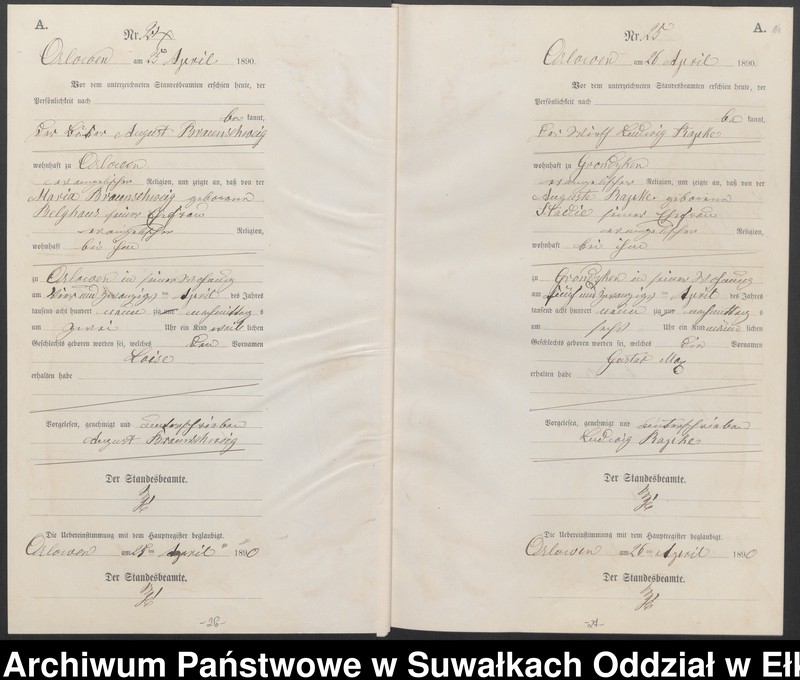 image.from.unit.number "Geburts-Neben-Register des Preussischen Standes-Amtes Orlowen Kreis Loetzen für das Jahr 1890"