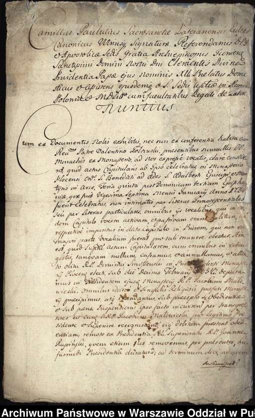 image.from.unit.number "Dekrety i kopie dekretów sądu nuncjatury i kurii rzymskiej oraz kopie umów z lat 1732-1737 dotyczące sporu między opatem Walentym Michałem Żółtowskim a konwentem o podział dóbr i nominację urzędników klasztornych"