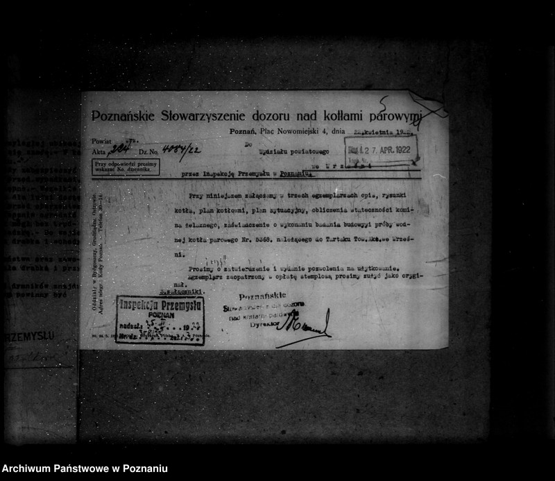 Obraz 10 z jednostki "1/ Tartak parowy we Wrześni- Towarzystwo Akcyjne Nr porządkowy kotła 11 /Młyn J. Hadyniaka w Tomicach powiat poznański"