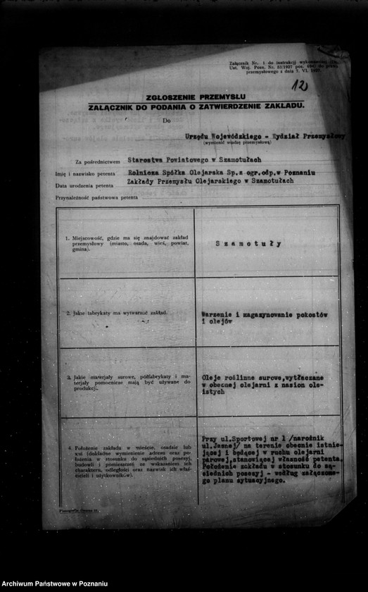 Obraz 16 z jednostki "/Zatwierdzenie budowy zakładu przemysłowego Rolniczej Spółki Olejarskiej Spółka z o. o. w Szamotułach/"