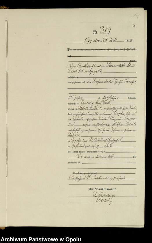 Obraz 14 z jednostki "Urząd Stanu Cywilnego w Opolu 1902 Rejestr zgonów Księga Miejscowa Nr 378 do 633"