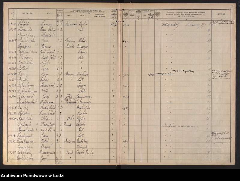 Obraz 17 z jednostki "Księga kontroli ruchu ludności (rejestr osób przybywających do gminy) Łódź, komisariat III, ks. X, nr 19144-20813"