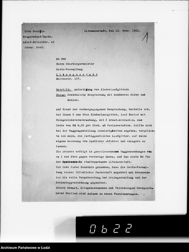 Obraz 5 z jednostki "[Korespondencja z firmą Otto Everwien w sprawie dostarczenia kojców dziecięcych]"