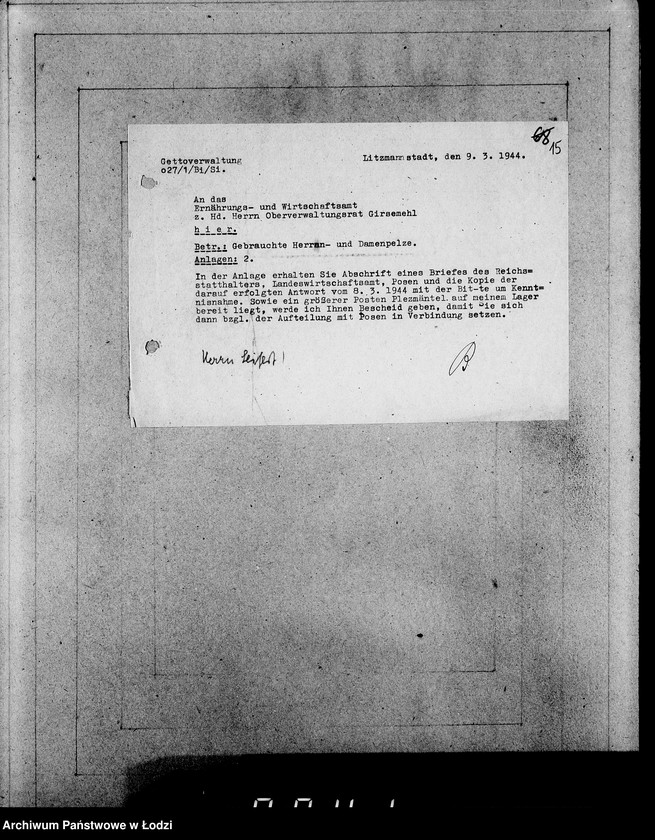 Obraz 19 z jednostki "Oberbürgermeister Litzmannstadt [Korespondencja i zamówienia na dostawę futer i materiałów]"