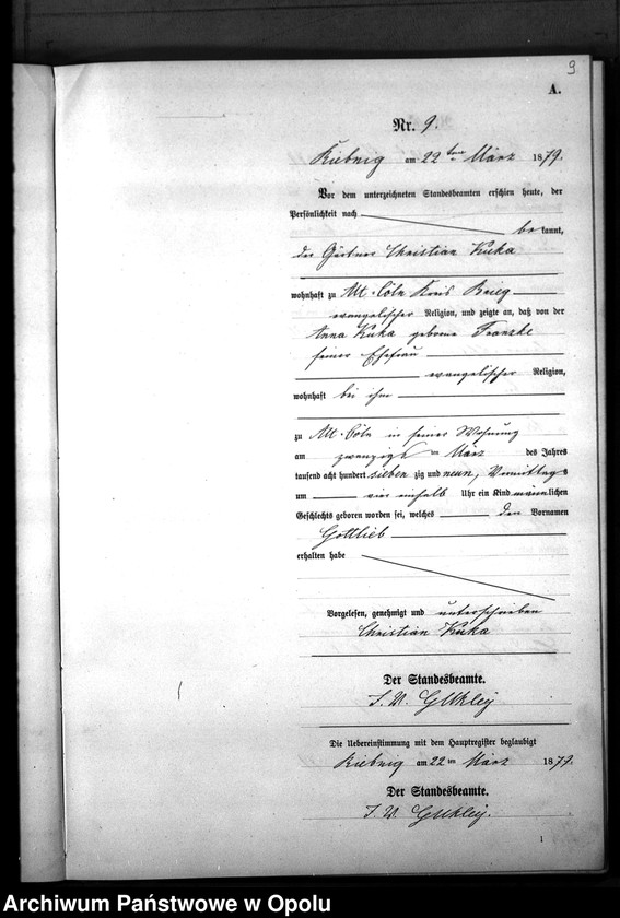 Obraz 12 z jednostki "Geburts-Neben-Register Standes-Amt Riebnig 1879"