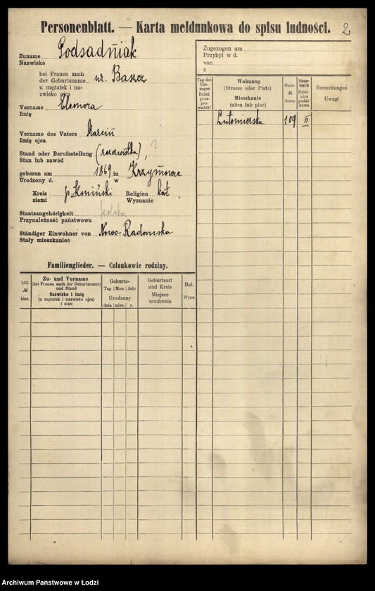 Obraz 4 z jednostki "[Spis ludności Łodzi] Podsadnik-Pokrzywa"