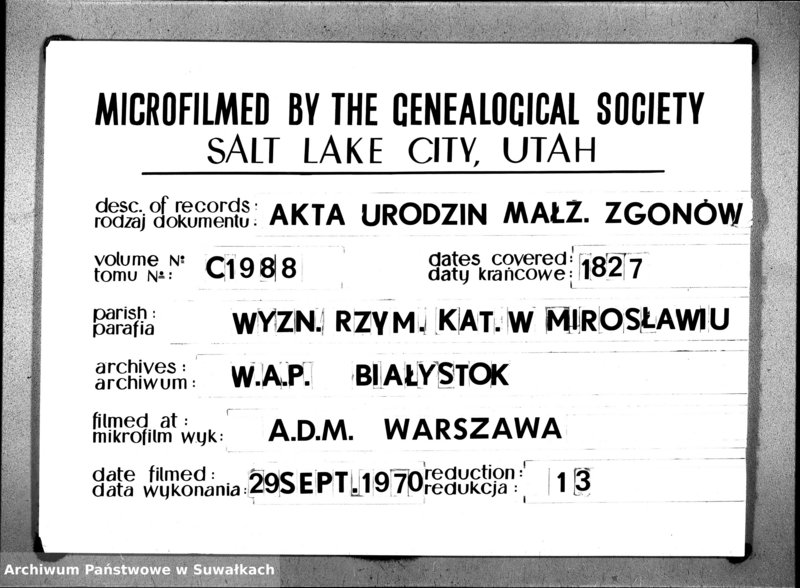 image.from.unit.number "Duplikat Aktów Urodzenia Zaślubienia i Zeyscia Katolików Parafii Mirosławskiey 1827 roku"