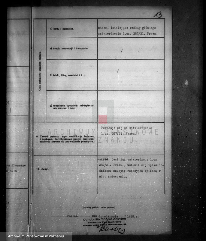 Obraz 17 z jednostki "Zatwierdzenie zakładu przemysłowego /drukarni "Concordia"/ w Poznaniu"