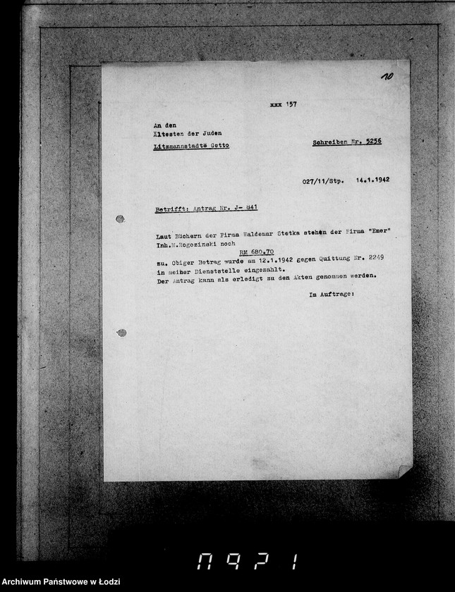 Obraz 14 z jednostki "J.841-860 [Wnioski Żydów z Getta o zwrot należności za prace lub towar wzięty na kredyt]"