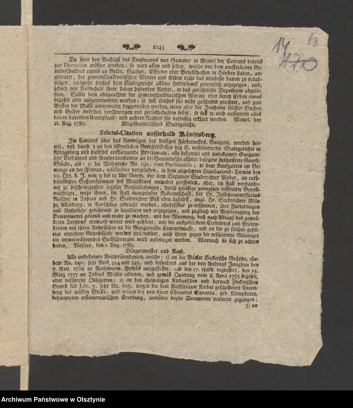 image.from.unit.number "Administrations Rechnung über des Stolterfothsche Legaten Capital und derer Intereßen deßen Einnahme und Ausgabe zu Pobethen von Michael 1788 bis dahin 1789"