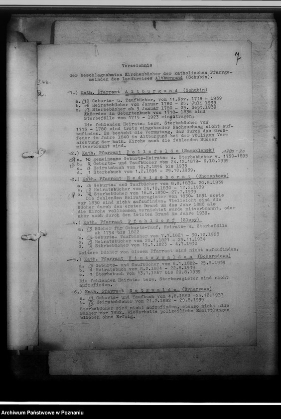 Obraz 11 z jednostki "[Wykaz ksiąg urodzeń, małżeństw i zgonów przejętych z parafii katolickich z powiatu szubińskiego]"