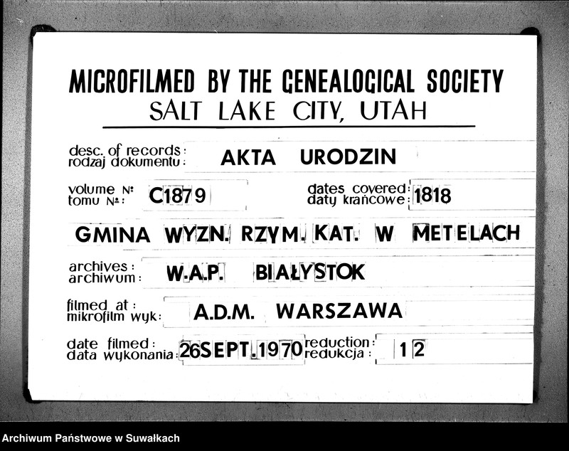 image.from.unit.number "Księga Aktów Urodzenia Urzędnika Stanu Cywilnego Gminy Metelskiey Powiatu Seyneńskiego Woiewództwa Augustowskiego Od 1 Stycznia Tysiąc Osimset Osimnastwgo Roku 1818"