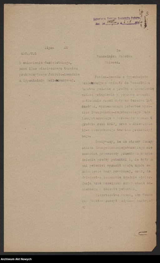 image.from.unit.number "Zniesienie wyroków Ewangelickich Sądów Konsystorskich: Augsburskiego i Reformowanego, o sześcioletnim terminie zakazu wstąpienia w ponowne związki małżeńskie oraz zakazu 10 miesięcznego.Reskrypty Naczelnika Państwa, wnioski, korespondencja z Min. Wyznań Religijnych i Oświecenia Publicznego"