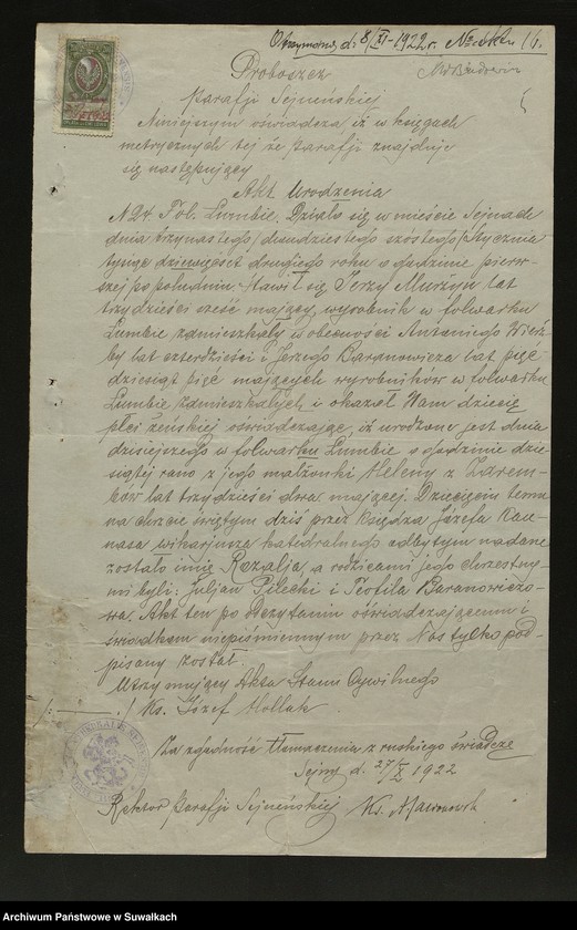 image.from.unit.number "Dokumenty Zaślubionych Smolańskiej parafii z 1922-1923 r."