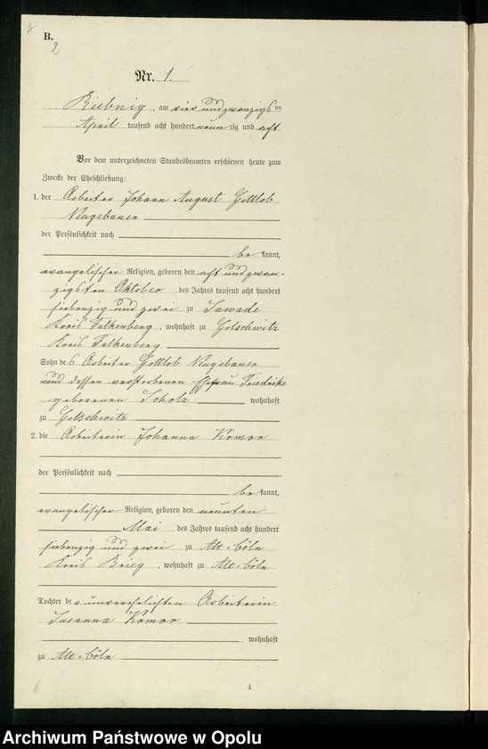 Obraz 5 z jednostki "Heiraths-Neben-Register Standes-Amt Riebnig 1898"