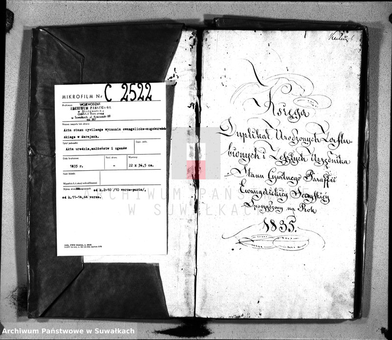 image.from.unit.number "Księga Duplikat Urodzonych, Zaślubionych i Zeszłych Urzędnika Stanu Cywilnego Parafii Ewangelickiey Sereyskiey na Rok 1835"