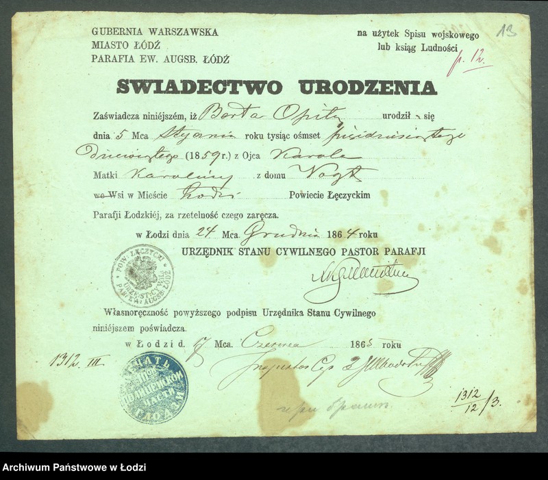 Obraz 15 z jednostki "Dowody metrykalne stałych mieszkańców m. Łodzi nr domu 1312-1314"