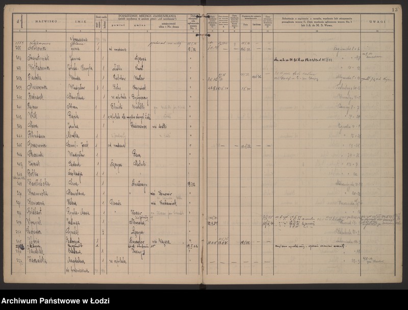 Obraz 16 z jednostki "Księga kontroli ruchu ludności (rejestr osób przybywających do gminy) Łódź, komisariat III, nr 1-4543"