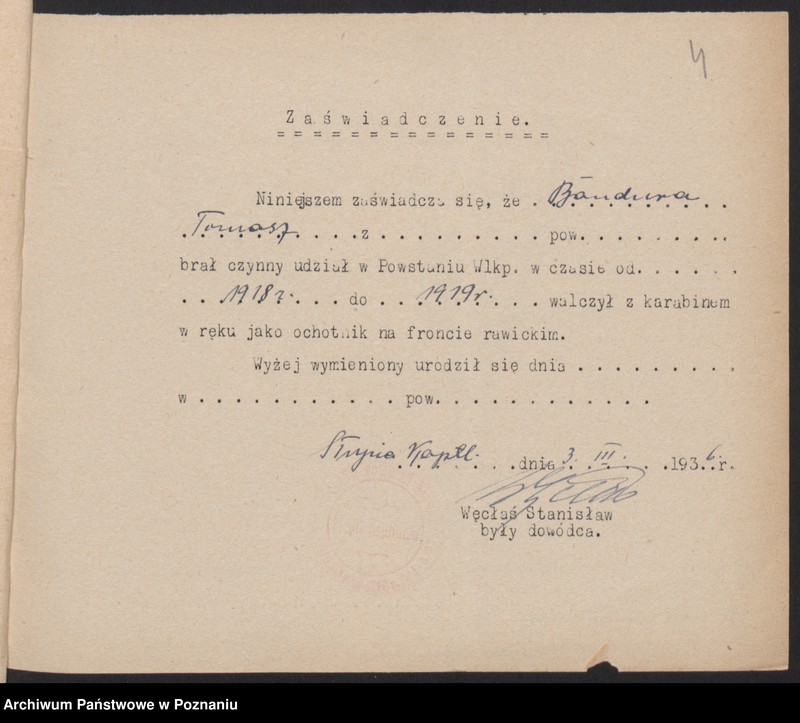 Obraz 7 z jednostki "Słupia Kapitulna, powiat Rawicz - indywidualne zaświadczenia o uczestnictwie w powstaniu."