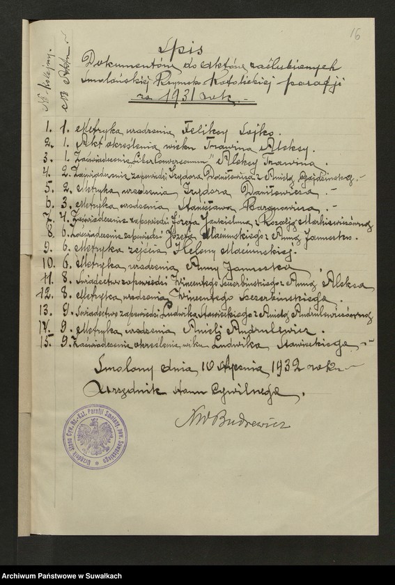 image.from.unit.number "Dokumenty Do aktów zaślubionych Smoleńskiej Rzymsko-Katolickiej parafji za 1931 rok"