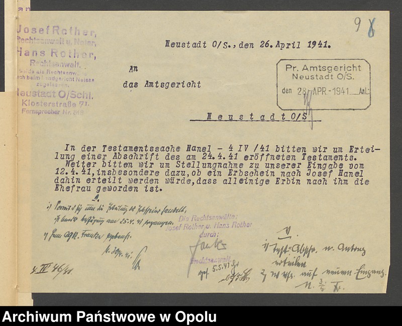 image.from.unit.number "Verfügung von Todes wegen des Kunstmalers Josef Hanel und seiner Ehefrau Maria geb.[orene] Westermayer in Wiese grfl zuletzt wohnhaft in Wiese grfl Haus No 11"