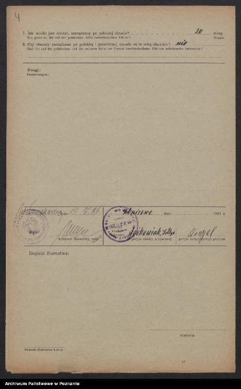Obraz 5 z jednostki "[Kwestionariusze dotyczące stwierdzenia gruntów znajdujących się po niemieckiej stronie pogranicza a zarządzanych przez zamieszkałych po stronie polskiej] powiat leszczyński"