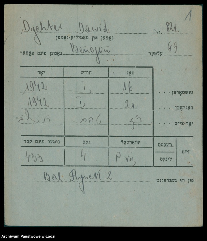 Obraz 2 z jednostki "Kartoteka osób pochowanych na cmentarzu żydowskim przy ulicy Brackiej w latach 1892-1953. Nazwiska na litery: Dy-Dz"
