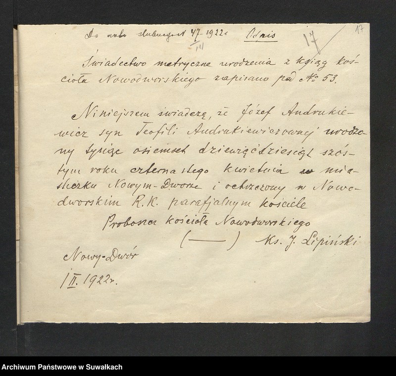 image.from.unit.number "Dokumenta so aktów ślubnych parafji Smolnickiej za 1922 rok"