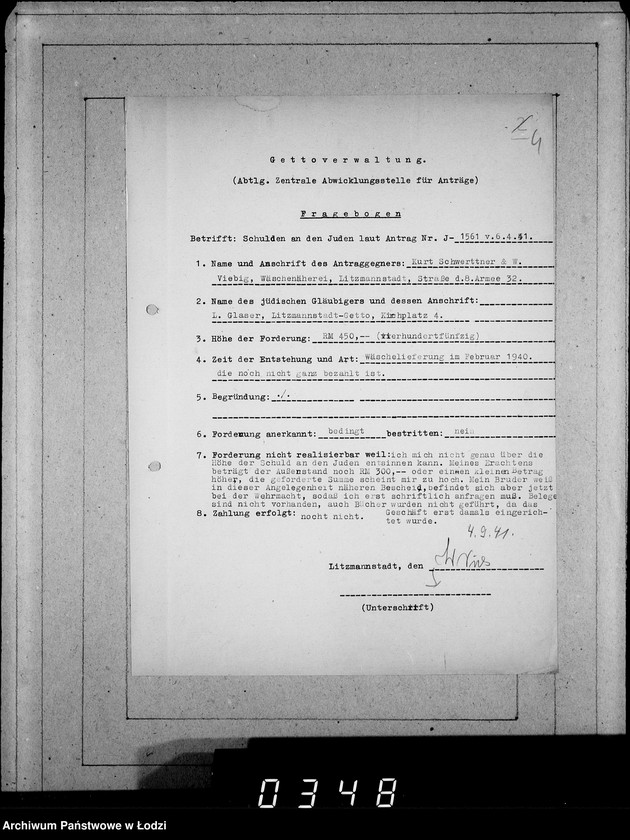 Obraz 8 z jednostki "J.1561-1580 [Wnioski Żydów z Getta o zwrot należności za towar wzięty na kredyt]"