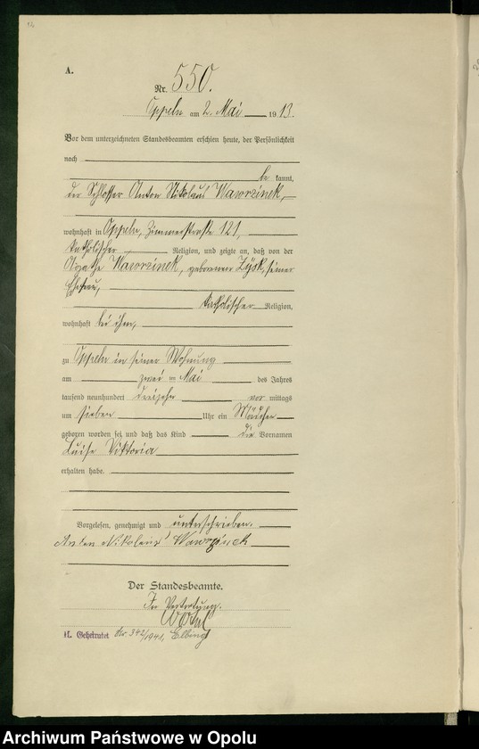 Obraz 16 z jednostki "Urząd Stanu Cywilnego Opole Księga Urodzeń Rok 1913 540-1057"