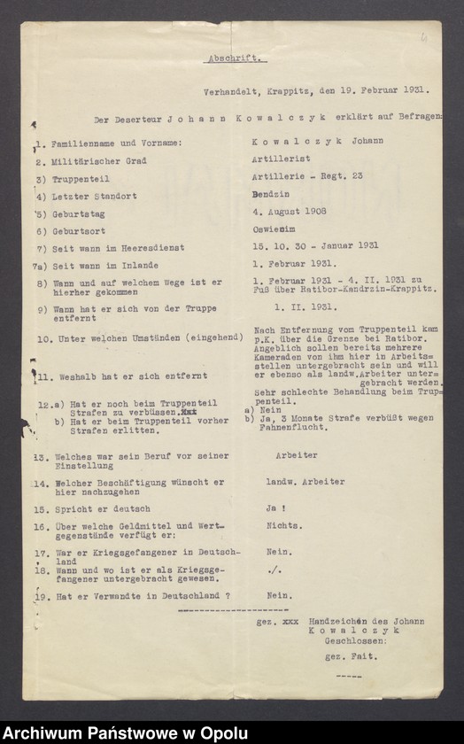 Obraz 5 z jednostki "[Zezwolenie na pobyt - dezerter Johann Kowalczyk, ur. 4. 08. 1908 w Oświęcimiu]"
