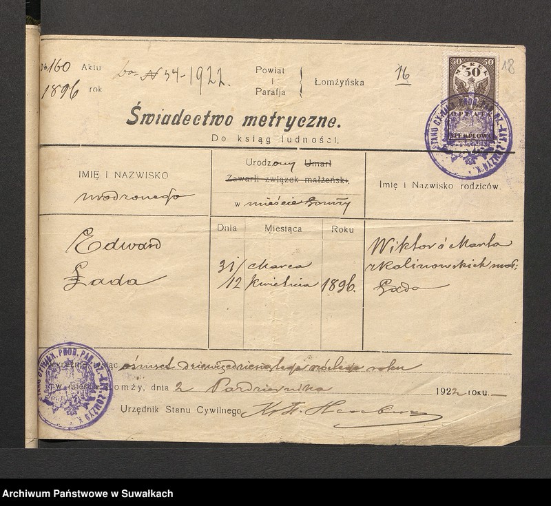 image.from.unit.number "Aneksa Do aktów zaślubionych r.kat. parafji Puńsk z r. 1922"